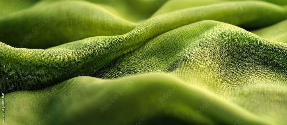 Close up of soft green fabric texture with gentle folds and waves creating depth and richness in varying shades of green for textile backgrounds