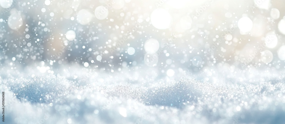 Fototapeta premium Abstract winter scene featuring a soft white snow surface with blurred shiny bokeh effect and scattered snowflakes in light pastel colors.