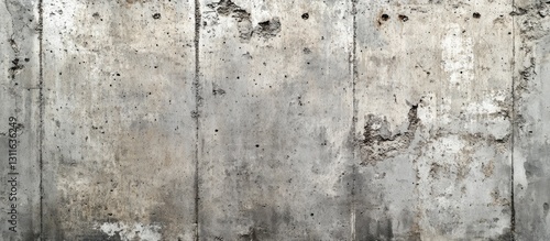 Weathered gray concrete wall texture with exposed rough patches and holes, suitable for background use in various design applications.