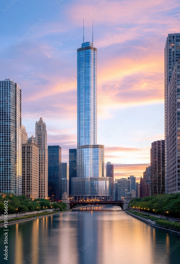 Fototapeta premium A stunning skyscraper reflects in a river during sunset, surrounded by modern buildings and a colorful sky.