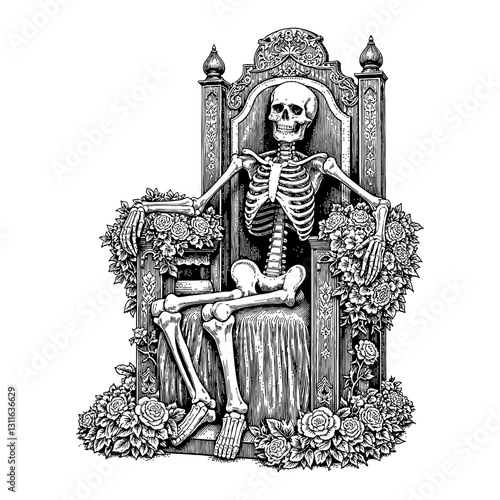 Skeleton Sitting on Throne with Overgrowth Carnations Flowers Black and White Outline Line Art Drawing