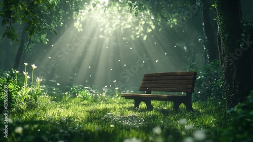 A wooden bench placed in the middle of a peaceful