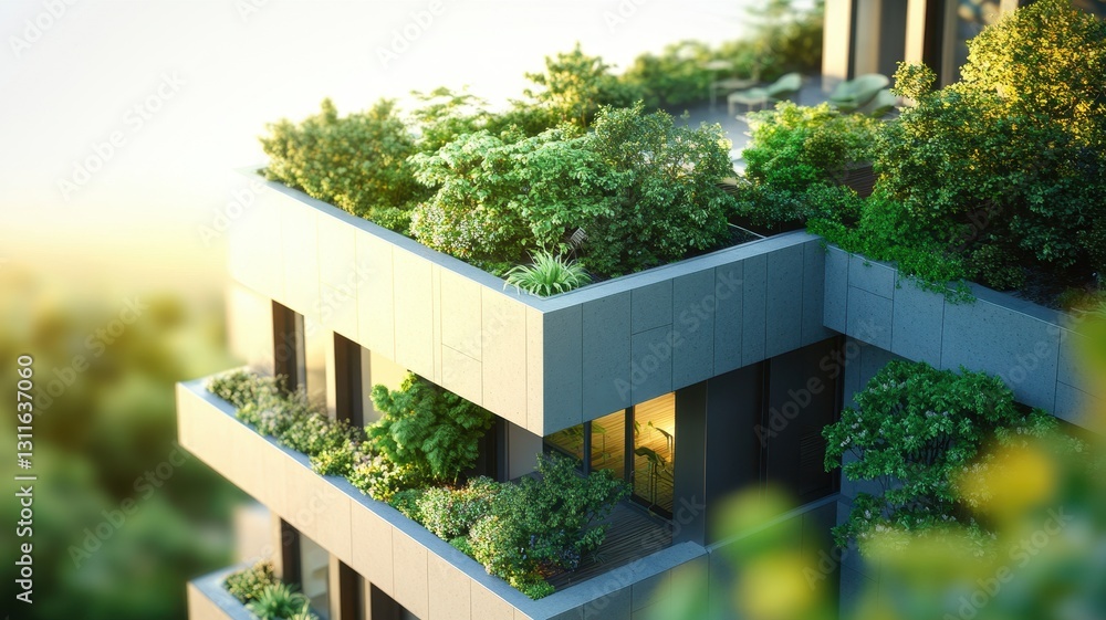 Modern office building featuring a lush rooftop garden designed with natural elements for sustainable urban living.