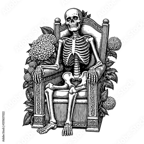 Skeleton Sitting on Throne with Hydrangeas Flowers Overgrowth Detailed Black and White Outline Line Art Drawing
