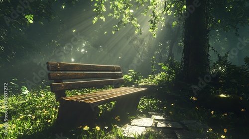 A wooden bench placed in the middle of a peaceful