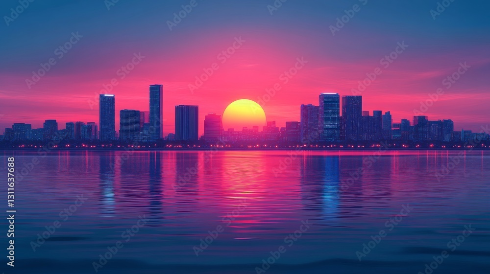 As the sun sets, the dynamic cityscape showcases glistening skyscrapers and silhouetted reflective waters As the sun sets, the dynamic cityscape showcases glistening skyscrapers and silhouetted reflective waters