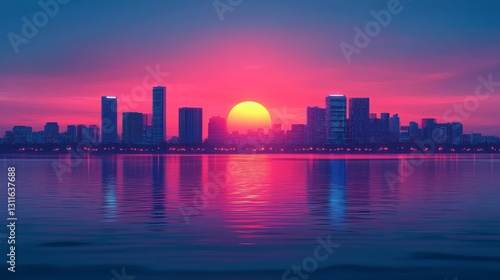As the sun sets, the dynamic cityscape showcases glistening skyscrapers and silhouetted reflective waters