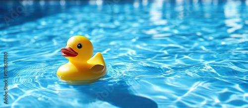 Obraz na płótnie Bright yellow rubber duck floating in a clear blue swimming pool with shimmering water reflections, positioned center-right of the image. w salonie