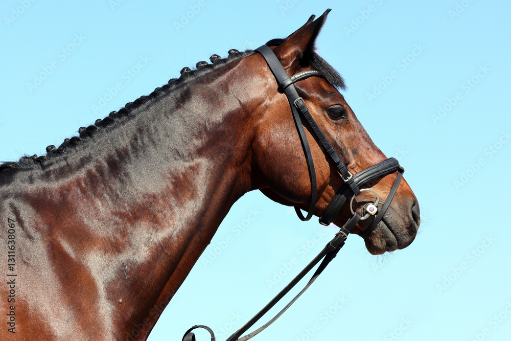 Beautiful portrait of a thoroughbred dressage horse, sky background