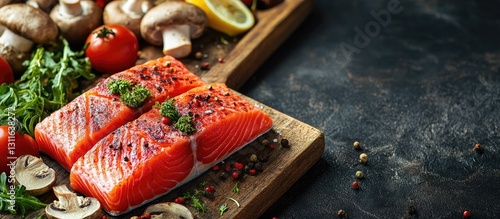 Vibrant red fish fillets on a wooden board with assorted mushrooms, cherry tomatoes, and lemon slices set against a dark textured background