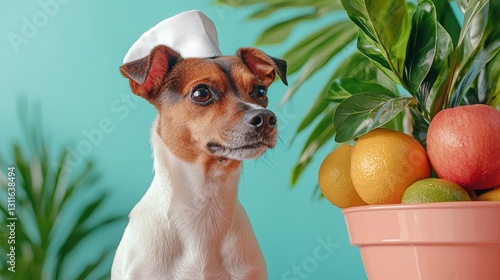 Fototapeta Naklejka Na Ścianę i Meble -  Cute dog chef hat near fruit bowl.
