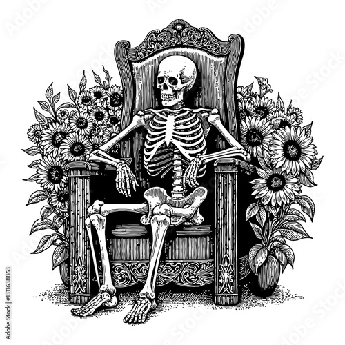 Skeleton Sitting on Throne with Overgrowth Sunflowers Black and White Outline Line Art Drawing