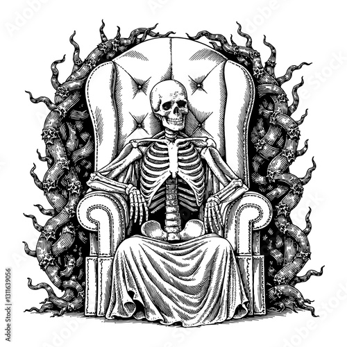 Skeleton Sitting on Throne with Overgrowth Thorny Vines in Black and White Outline Line Art Drawing