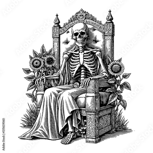Skeleton Sitting on Throne with Overgrowth Sunflowers Detailed Black and White Outline Line Art Drawing