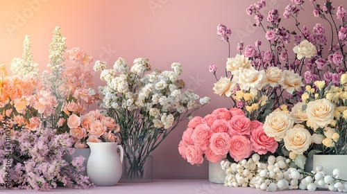 Beautiful Floral Arrangement with Pink and White Flowers in Vases