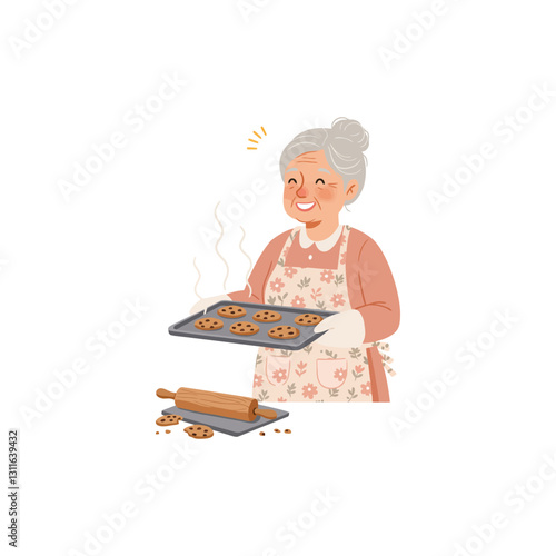 Woman Holding Baking Sheet with Fresh Cookies with Rolling Pin
