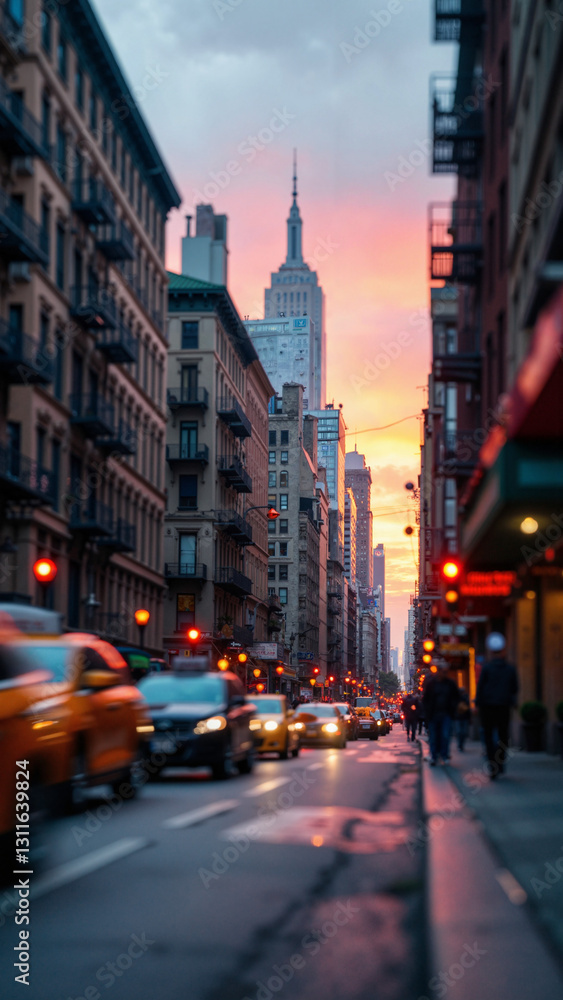 A Defocused Sunset View of New York City’s Architectural Diversity, Perfect for Urban Living Marketing and Travel Campaigns A Defocused Sunset View of New York City’s Architectural Diversity, Perfect for Urban Living Marketing and Travel Campaigns
