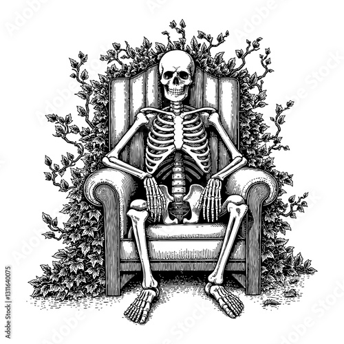 Skeleton Sitting on Throne with Overgrowth Vines Detailed Artistic Black and White Outline Line Art Drawing