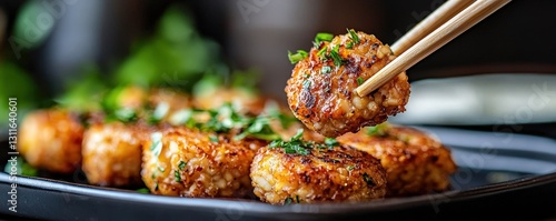 Meal Prep Made Simple with Plant-Based Protein concept. Delicious crispy rice cakes garnished with fresh herbs served on a stylish black plate photo