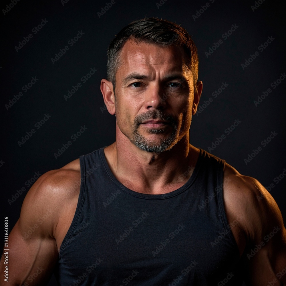 Naklejka premium Studio portrait of a strong muscular bodybuilder male model wearing black tank top shirt. Handsome fit macho guy isolated against dark background. Fitness health illustration concept.