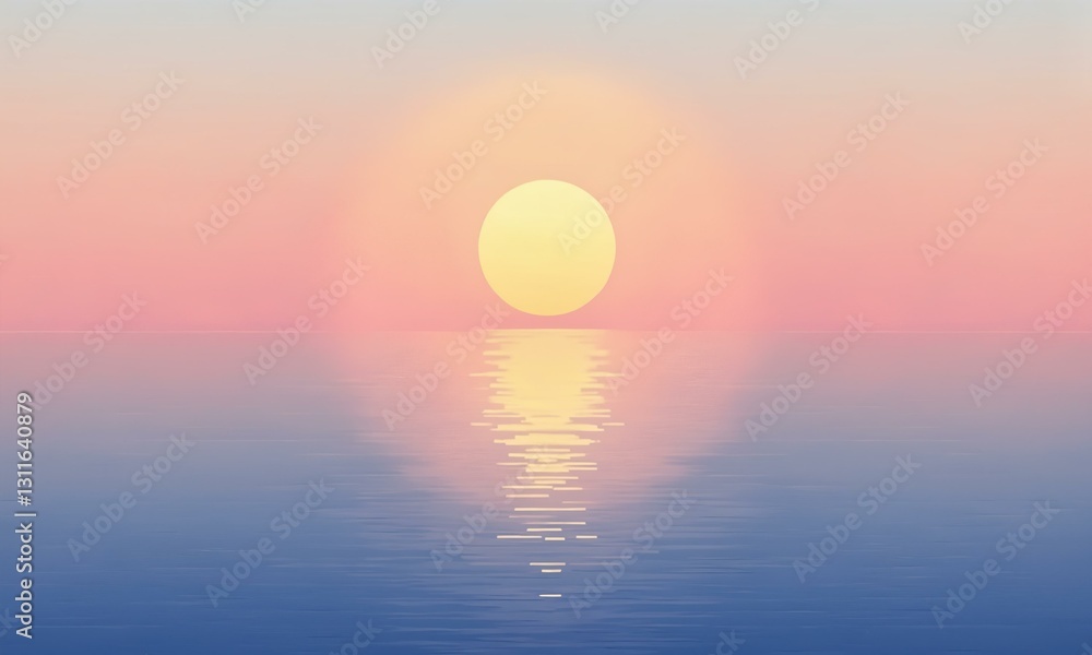 Tranquil seascape at sunrise, warm pink and blue hues, calm water, glowing sun, minimal stylized art. Tranquil seascape at sunrise, warm pink and blue hues, calm water, glowing sun, minimal stylized art.