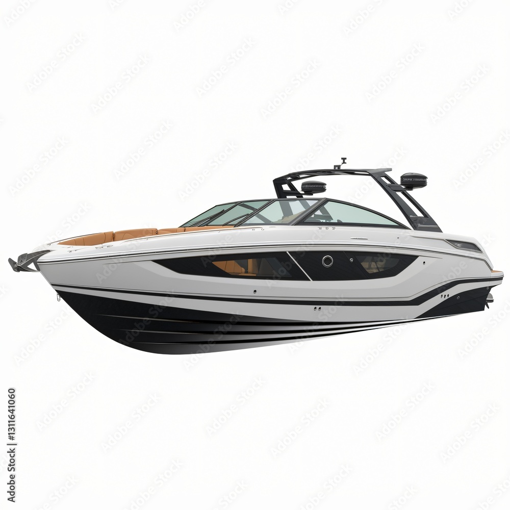 Naklejka premium Sleek Modern Motorboat with Black Canopy.