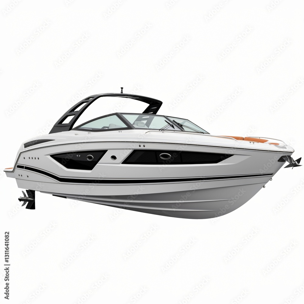 Sleek Modern Motorboat with Black Canopy. Sleek Modern Motorboat with Black Canopy.