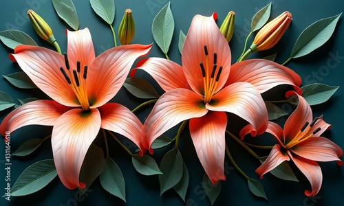 Elegant fantasy lilies, sculpted paper texture, luminescent colors, intricate depth and details.