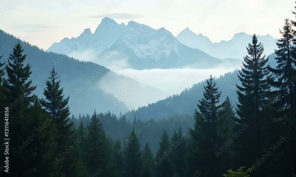 Dense pine woods with low-hanging mist, majestic peaks behind, dreamy light, tranquil nature scene. Dense pine woods with low-hanging mist, majestic peaks behind, dreamy light, tranquil nature scene.