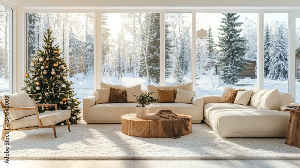 Obraz premium A snug minimalist living room featuring a Christmas tree and neutral decor, situated by a large window