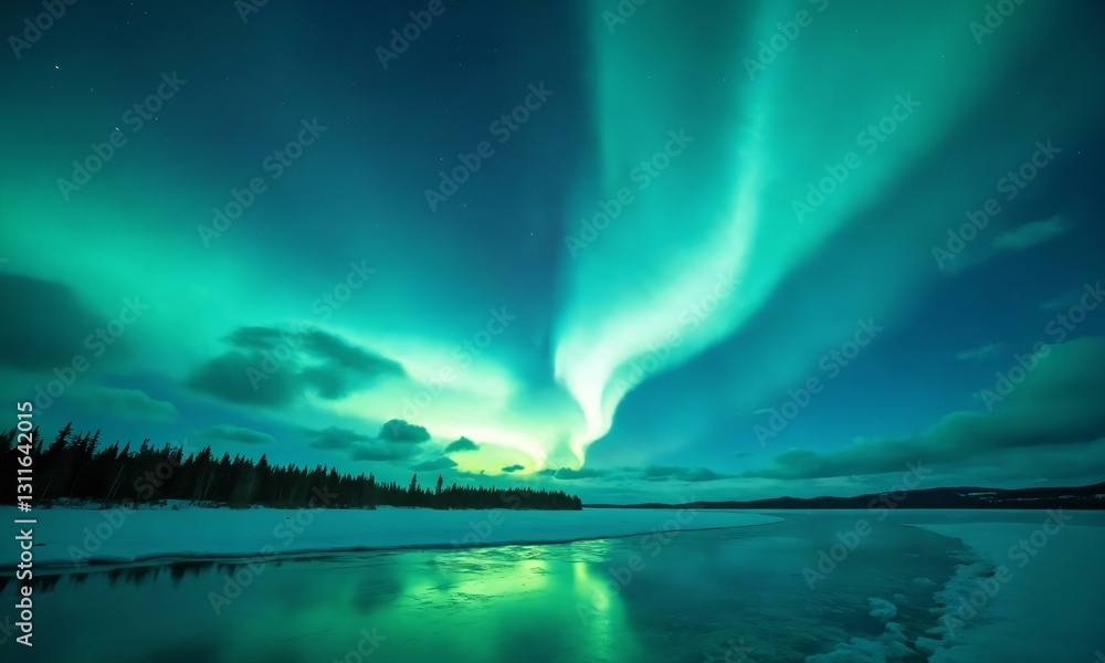 Naklejka premium Stunning Arctic night, aurora swirls across the sky, icy lake reflecting the glowing northern lights.