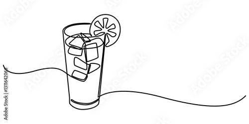 Continuous line drawing of lemonade ice lemon tea. One line art concept of beverage cafe menu. vector illustration, ice tea with ice,  fresh delicious lemonade ice with sliced lemon for restaurant. 