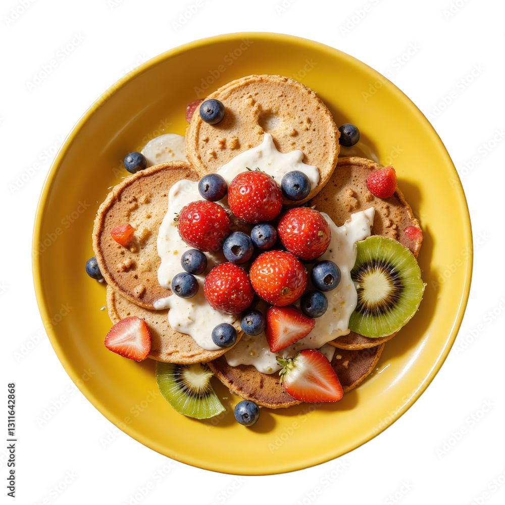 Golden Plate of Pancakes with Mixed Berries and Kiwi Golden Plate of Pancakes with Mixed Berries and Kiwi