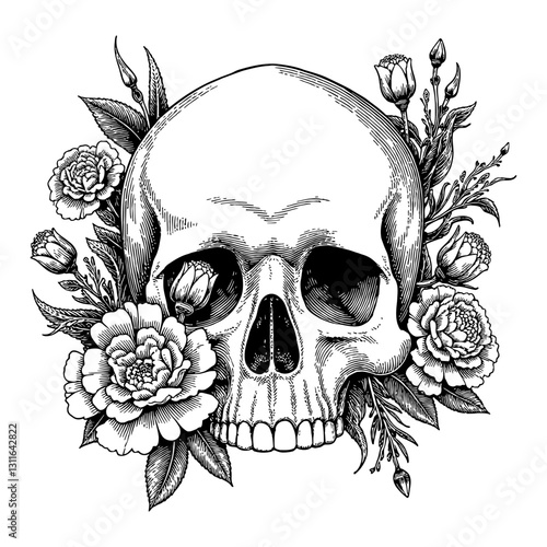 Skull with Carnations Flowers Overgrowth in Detailed Black and White Outline Line Art Drawing