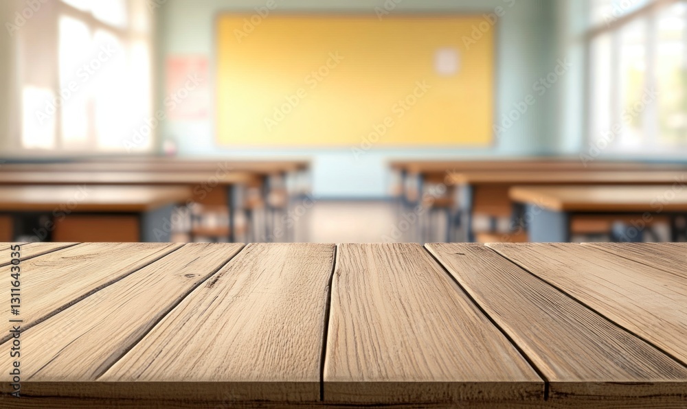 Empty Wooden Table Top with Blurred Classroom Background for Product Display