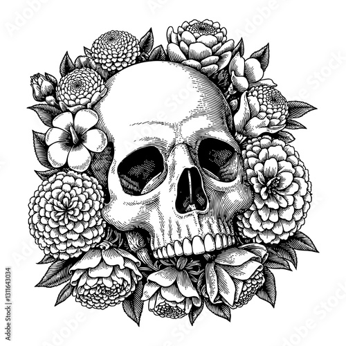 Skull with Overgrowth Carnations Flowers Floral Decorative Detailed Black and White Outline Line Art Drawing