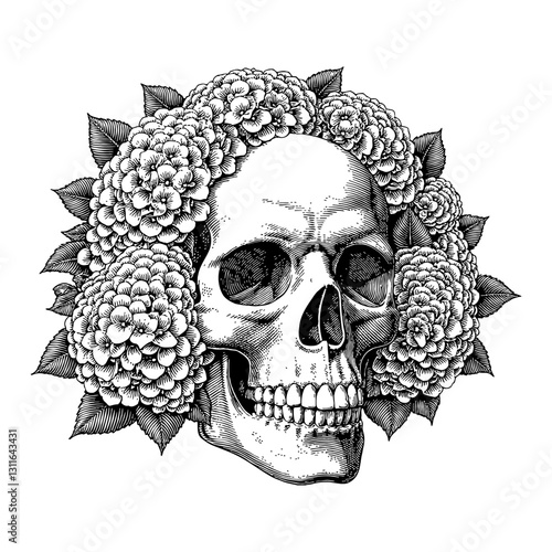 Skull with Overgrowth Hydrangeas Flowers Detailed Anatomy Black and White Outline Line Art Drawing