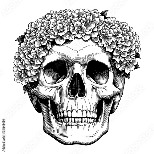 Skull with Overgrowth Hydrangeas Flowers Head Detailed Black and White Outline Line Art Drawing