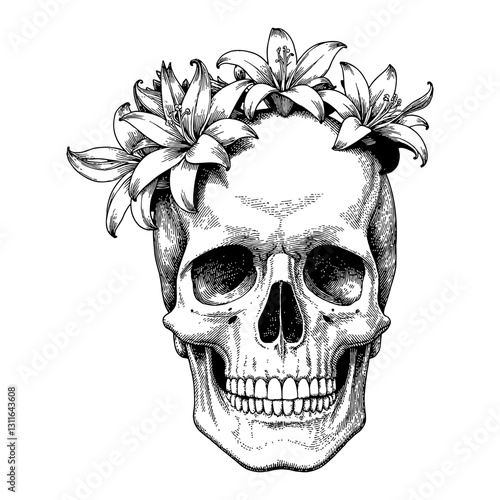 Detailed Skull with Overgrowth Lily Flowers Front View Vintage Black and White Outline Line Art Drawing
