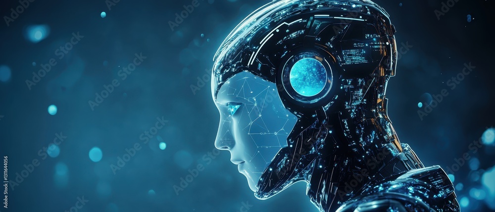Fototapeta premium Futuristic Robot Head with Glowing Blue Eye and Digital Elements