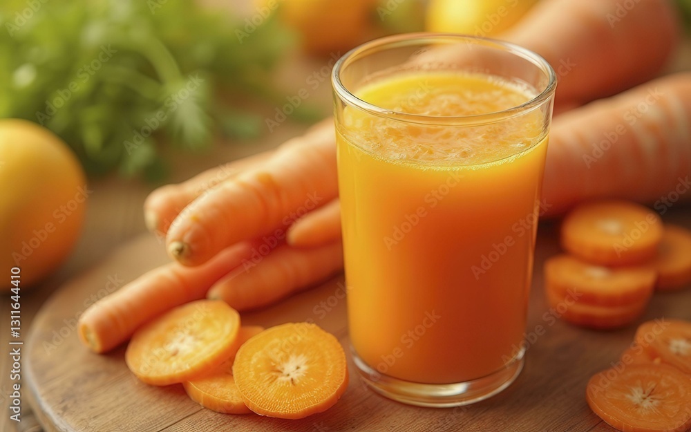 Glass of Carrot Juice with Carrot Slices and Green Herbs on Wooden Surface Glass of Carrot Juice with Carrot Slices and Green Herbs on Wooden Surface