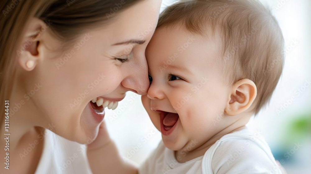 The baby touches his mother's nose, they laugh. The baby touches his mother's nose, they laugh.