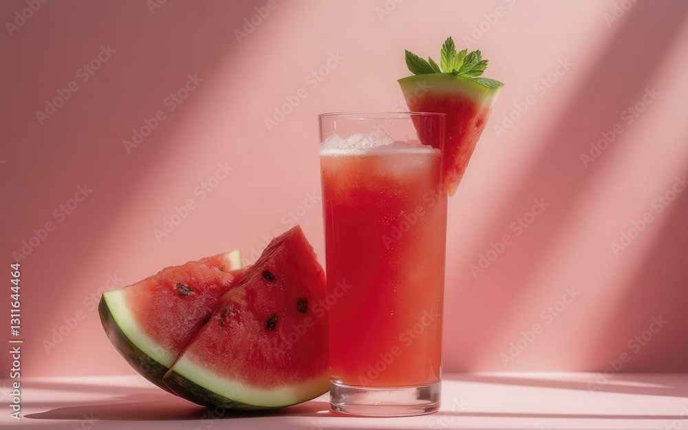 Refreshing Watermelon Juice with Sliced Watermelon on Soft Pink Background Refreshing Watermelon Juice with Sliced Watermelon on Soft Pink Background