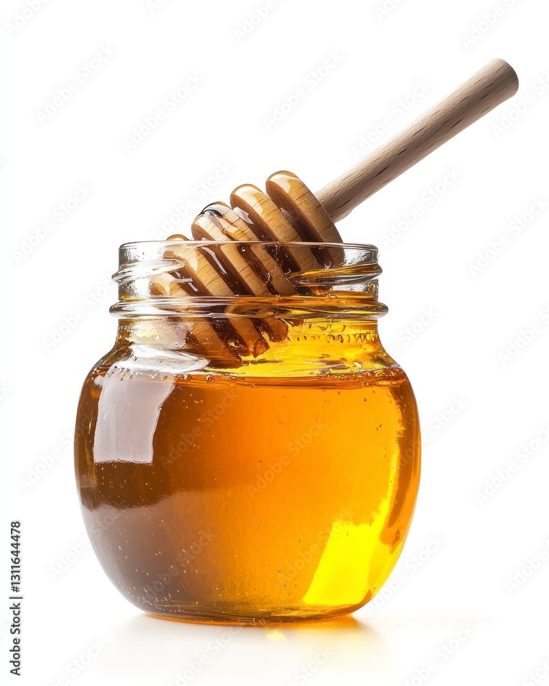 Pouring Sweet Honey From Glass Jar Using Dipper Stick Pouring Sweet Honey From Glass Jar Using Dipper Stick