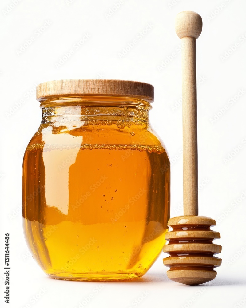 Honey in a Jar with Wooden Dipper Against White Background Honey in a Jar with Wooden Dipper Against White Background