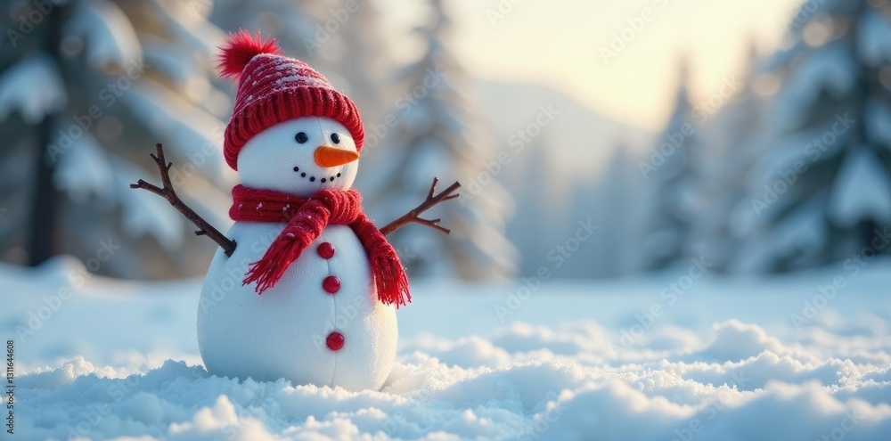 Fototapeta premium Handmade sock snowman in a snowy landscape with trees, natural scenery, snowy vistas, frosty scenery