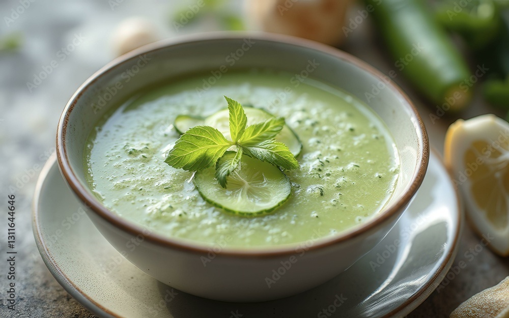 Green Soup with Cucumber Slices and Mint Leaves on White Plate Green Soup with Cucumber Slices and Mint Leaves on White Plate