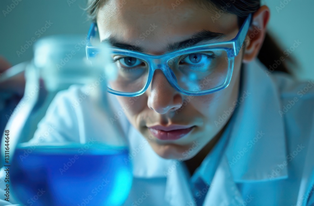 A focused scientist in a lab coat and glasses studies a glass container filled with a blue solution. A focused scientist in a lab coat and glasses studies a glass container filled with a blue solution.