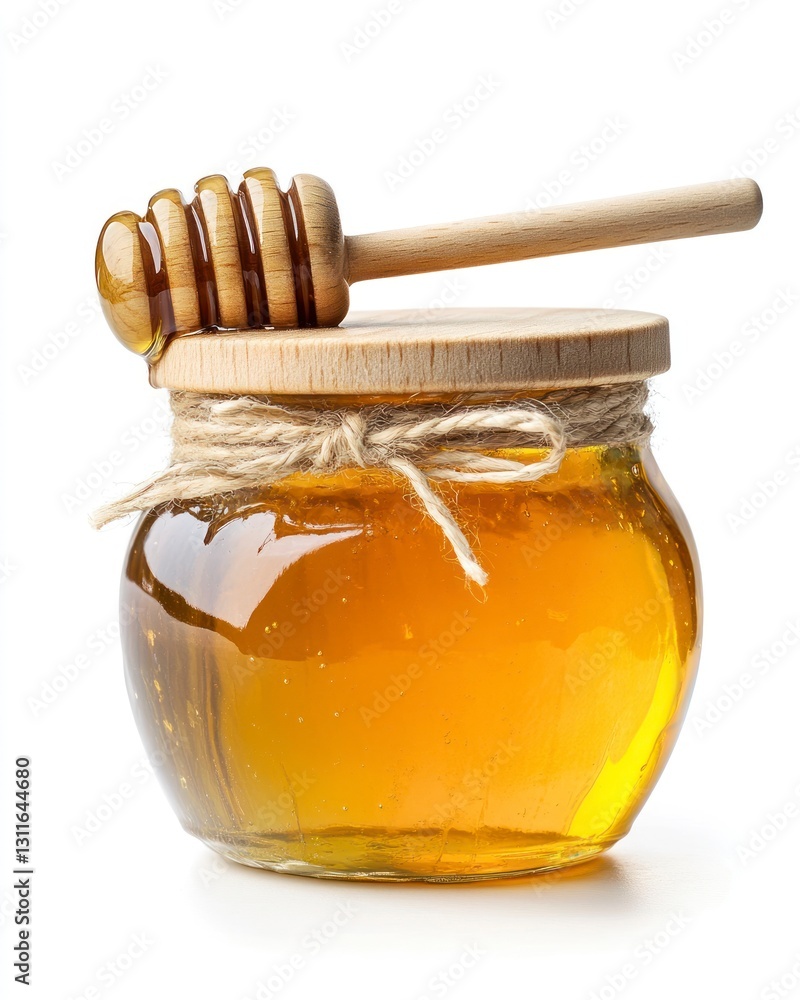 Honey Jar with Dipper Dripping Golden Liquid on White Background Honey Jar with Dipper Dripping Golden Liquid on White Background