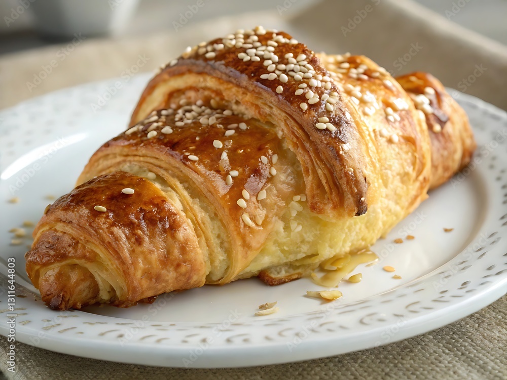 Delicious golden brown croissant sprinkled with sesame seeds. Delicious golden brown croissant sprinkled with sesame seeds.
